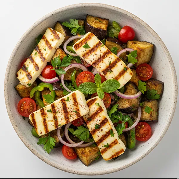 Mediterranean Roasted Eggplant & Halloumi Salad